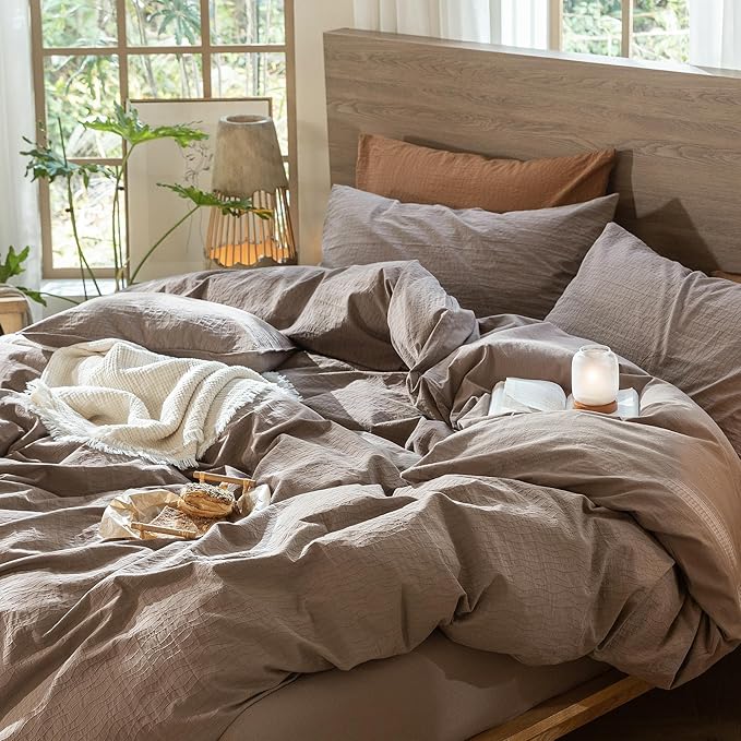 MooMee Wavy Striped Duvet Cover Set 100% Washed Cotton Linen Like Textured Breathable Durable Soft Comfy (Brown, King 104"x90")