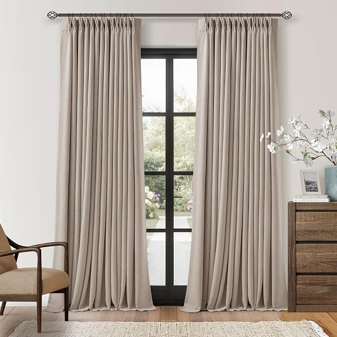 Burlywood Greige Pinch Pleated 100% Blackout Linen Curtains 86 Inch Length | Pinch Pleat Curtains, Black Out, Light Blocking, Room Darkening Drapes with Liner, for Bedroom Living Room Window, 2 Panels
