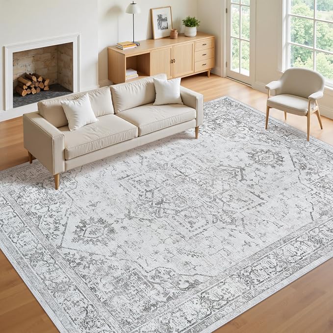 8x10 Washable Area Rugs for Living Room Grey Non-Slip Rug | Vintage Medallion Rug，Soft Low Pile Large Rugs，Indoor Retro Carpet for Bedroom Nursery Dining Table Farmhouse Home Office