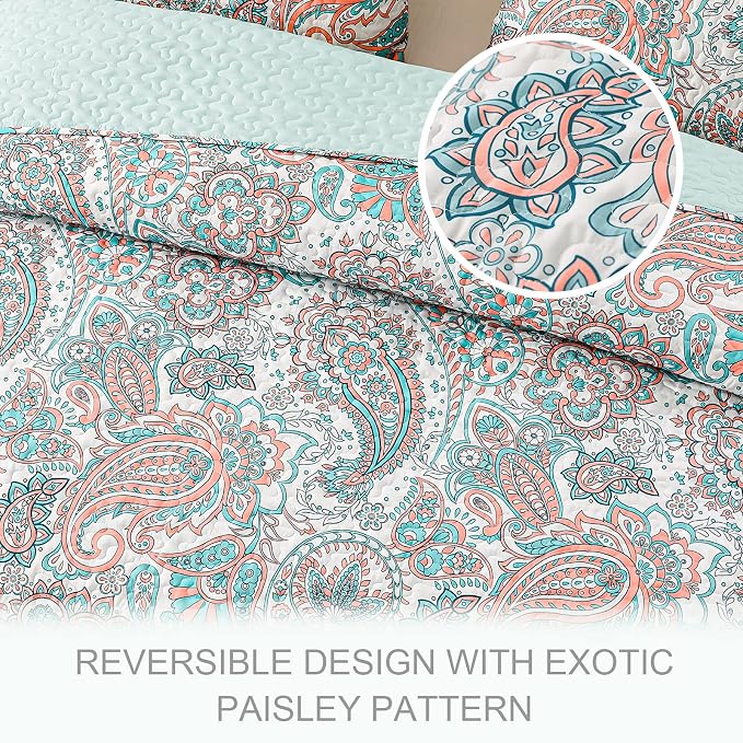 Exclusivo Mezcla Reversible Boho Quilt King Size Aqua | Lightweight Soft Bedspreads, All Season Paisley Coverlet Bedding Set, Printed Floral Pattern, 1 Quilt and 2 Pillow Shams