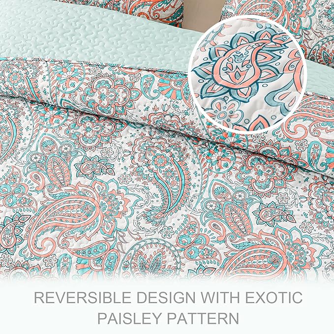 Exclusivo Mezcla Reversible Boho Quilts Queen Size Aqua | Lightweight Soft Bedspreads, All Season Paisley Coverlet Bedding Set, Printed Floral Pattern, 1 Quilt and 2 Pillow Shams