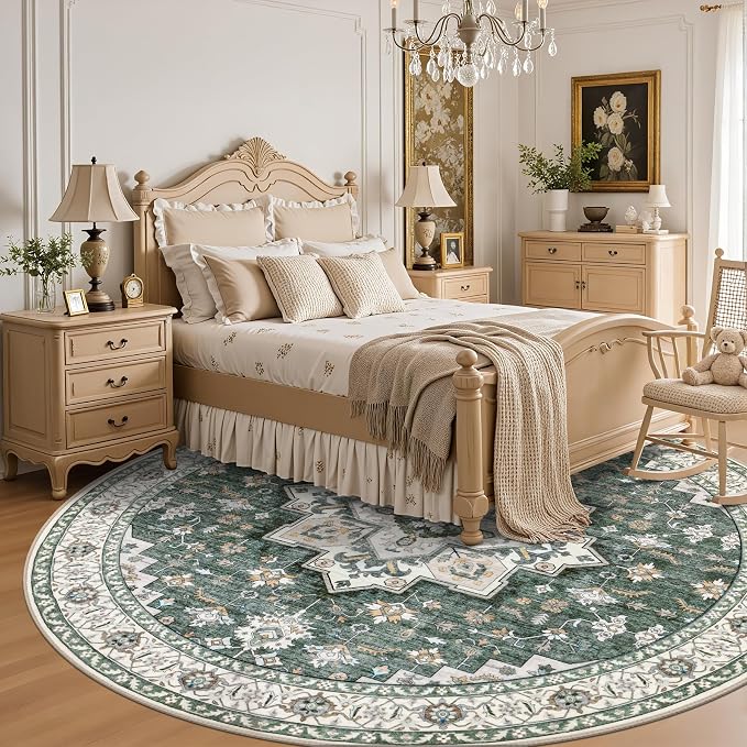 Round Area Rug for Living Room: 6ft Boho Washable Rug Green Ivory | Vintage Boho Soft Round Rug Indoor Floor No Slip Carpet Stain Resistant Rugs for Bedroom Dining Room Nursery Home Office