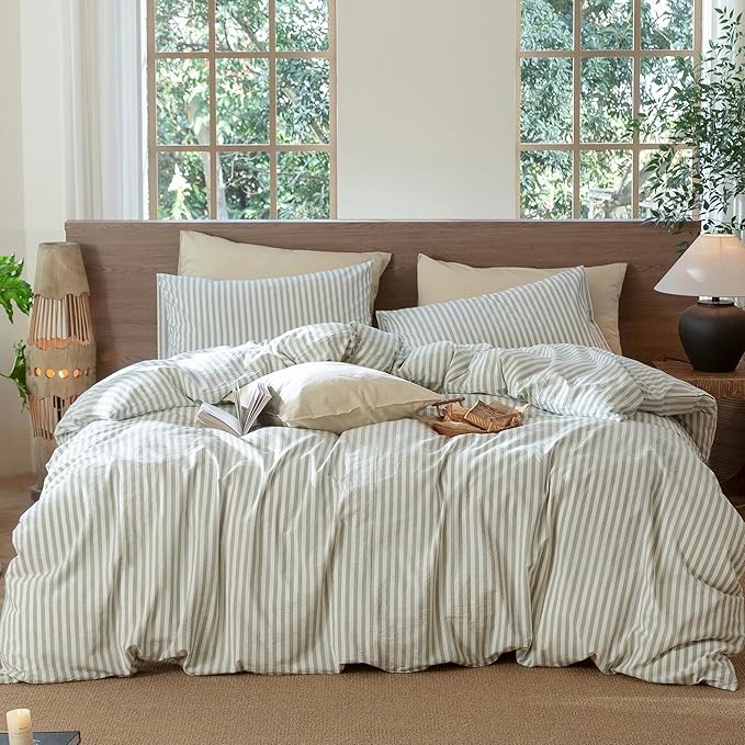 MooMee Striped Duvet Cover Set 100% Washed Cotton Linen Like Super King | Relaxed Linen-like Texture. Soft, Breathable & Long-lasting Comfort. Lightweight. Hidden Zipper with 8 Interior Corner Ties