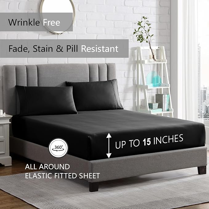 American Home Collection Full Size Sheet Set - Ultra-Soft Microfiber 15-Inch Deep Pocket - Wrinkle Free and Fade Resistant (Black)