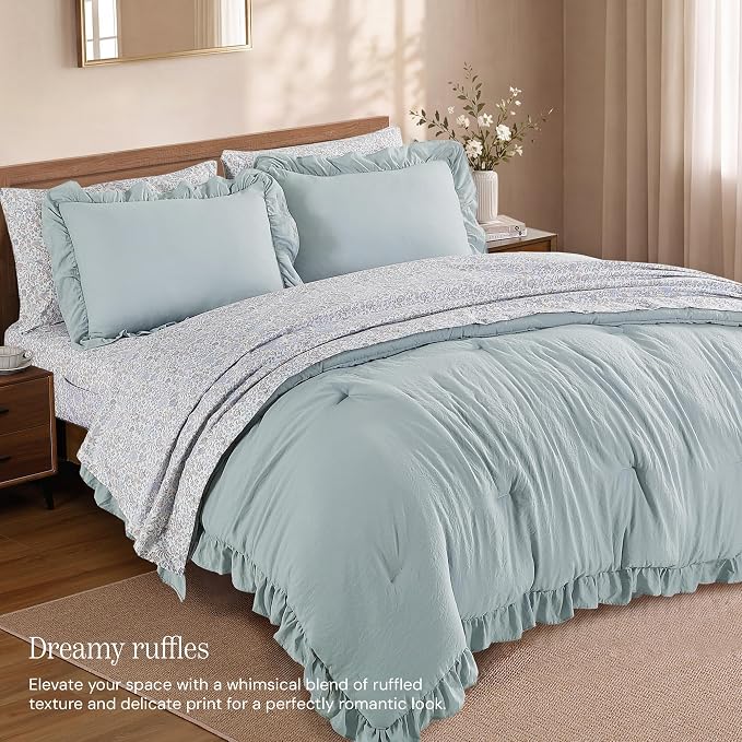 Full Size Comforter Sets-7 Pieces Ruffle Bedding Floral Sheet | Blue Vine Bed in a Bag, Soft Lightweight All Season Farmhouse Full Size Bedding Sets with Floral Sheets, Pillowcases & Shams