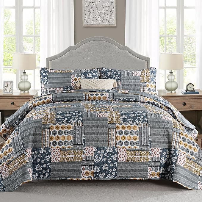 Mybedsoul Boho Quilts Queen Size, Floral Patchwork Bedding Set, Dark Grey | Soft Lightweight Microfiber Coverlet Set, 3 Pieces Plaid Reversible Bedspread, Bed Sets for All Seasons 96"x90"