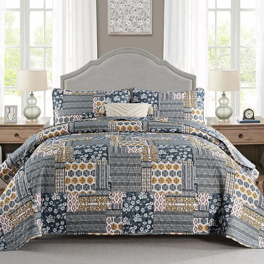 Mybedsoul Boho Quilts Queen Size, Floral Patchwork Bedding Set, Dark Grey | Soft Lightweight Microfiber Coverlet Set, 3 Pieces Plaid Reversible Bedspread, Bed Sets for All Seasons 96"x90"
