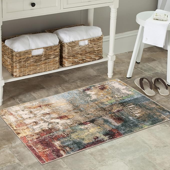 Lahome Modern Abstract Area Rug - 2x3 Washable Small Entryway Rug for Kitchen Non-Slip Front Doormat, Contemporary Faux Wool Soft Floor Indoor Carpet for Bathroom,Red/Multi