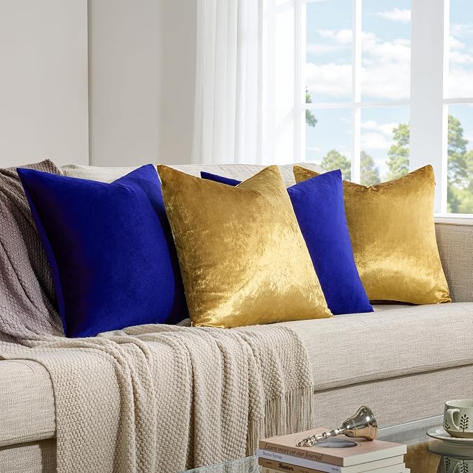 GIGIZAZA Pack of 4 Decorative Velvet Pillow Covers 16x16 Blue Gold | Throw Pillows for Couch Sofa,280gsm Soft Textured Fabric,Modern Accent Pillowcases,Luxury Living Room Cushion Covers