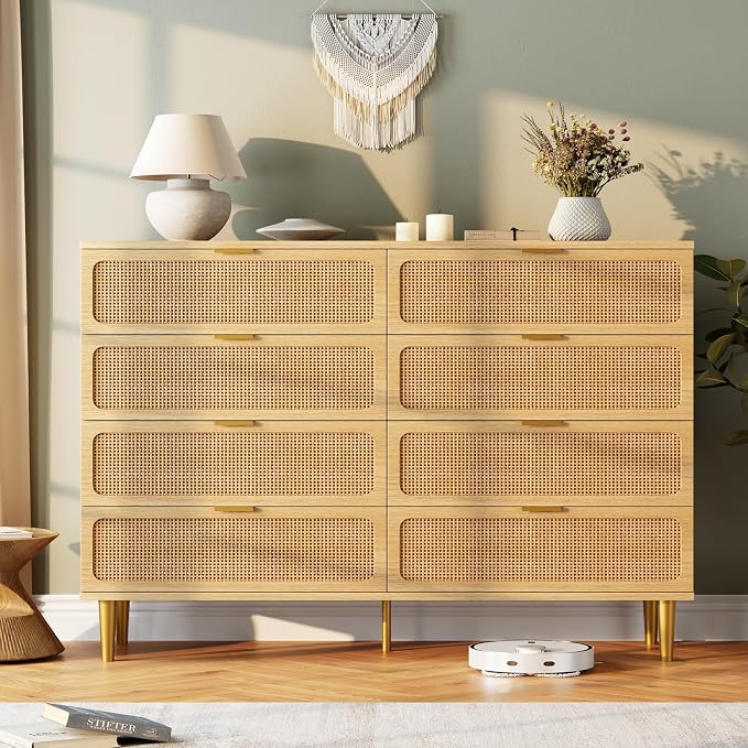 GarveeHome Rattan 8 Drawer Dressers for Bedroom, Deep Drawer, Natural | Tall Dresser, Wide Top, for Living Room, Hallway, Kids Room, Large Chest of Drawers for Closet, Long Wooden Dresser
