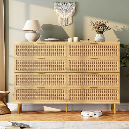GarveeHome Rattan 8 Drawer Dressers for Bedroom, Deep Drawer, Natural | Tall Dresser, Wide Top, for Living Room, Hallway, Kids Room, Large Chest of Drawers for Closet, Long Wooden Dresser