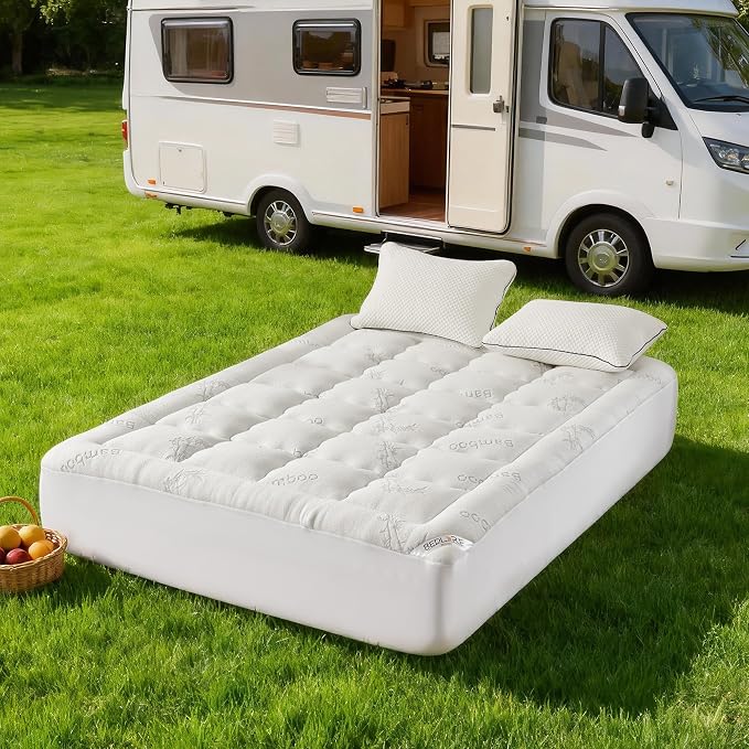 BEDLORE RV Queen Mattress Topper Viscose Bamboo, Pillow Top Mattress Pad | Stretchable Pockets Fit 6”-18” Mattress, Soft Breathable Thick Mattress Topper for Back Pain Relief & Hot Sleepers(White)