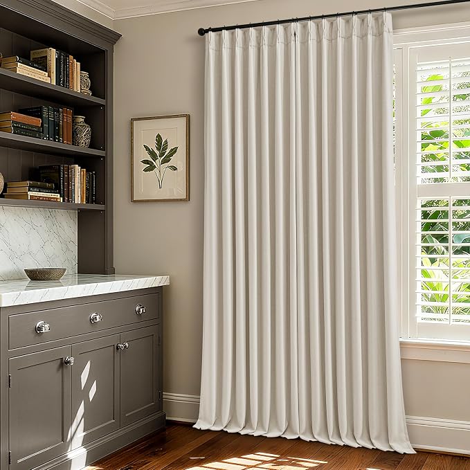 TWODRAPES 90 Inch Pinch Pleated Blackout Linen Curtains 2 Panels Natural | Memory Trained, 100% Black Out Room Darkening, Soundproof, Cream Bedroom Window Curtains Double Layer, Pinch Pleat Drapes