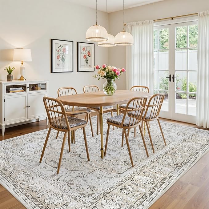 9x12 Washable Area Rugs for Living Room Beige White Non-Slip Rug | Vintage Medallion Rug，Soft Low Pile Large Rugs，Indoor Retro Carpet for Bedroom Nursery Dining Table Farmhouse Home Office