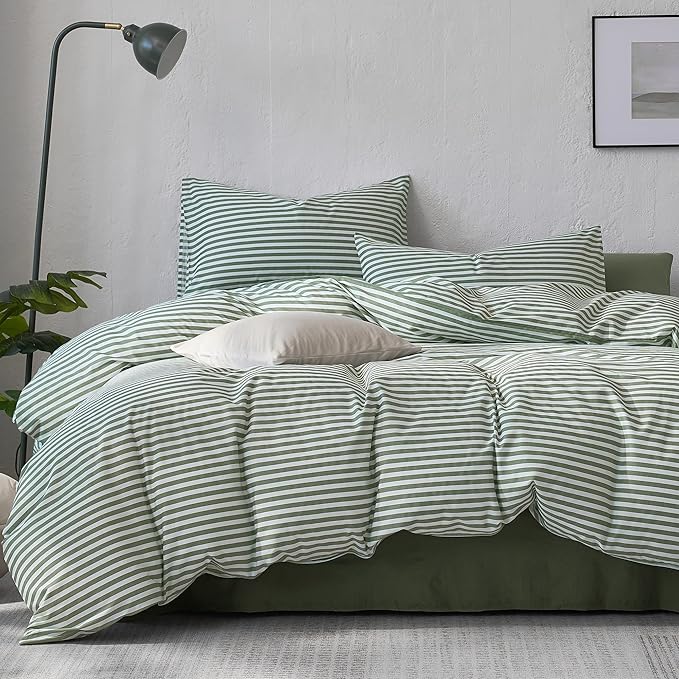 JELLYMONI 100% Cotton Printed Striped Queen Duvet Cover Set, Green | Breathable and Soft, Classic Stripes, 8 Corner Ties & Double-Head Hidden Zipper, For Master or Guest Bedroom