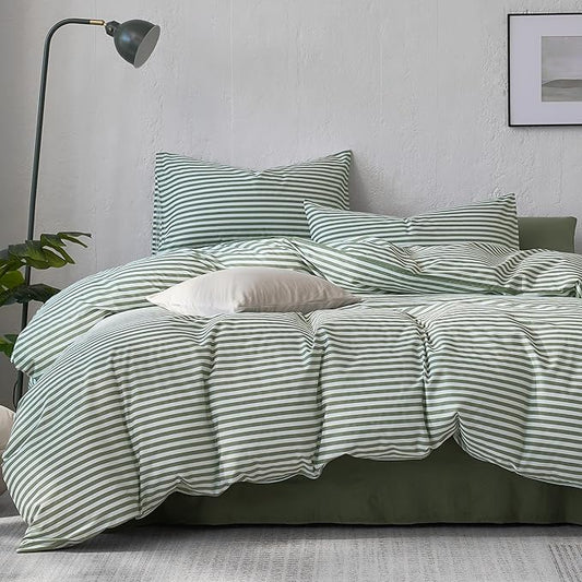 JELLYMONI 100% Cotton Printed Striped Queen Duvet Cover Set, Green | Breathable and Soft, Classic Stripes, 8 Corner Ties & Double-Head Hidden Zipper, For Master or Guest Bedroom
