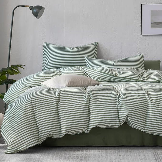 JELLYMONI 100% Cotton Printed Striped Twin Duvet Cover Set, Green | Breathable and Soft, Classic Stripes, 8 Corner Ties & Double-Head Hidden Zipper, For Kids or Guest Bedroom
