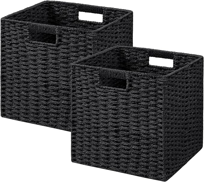 UBBCARE 2 Pack Wicker Basket, 11L×11H×10.5W inch Woven Paper Rope Storage Baskets for Shelves, Foldable Cube Storage bin with Handle, Storage Basket for Organizing & Decor, Black