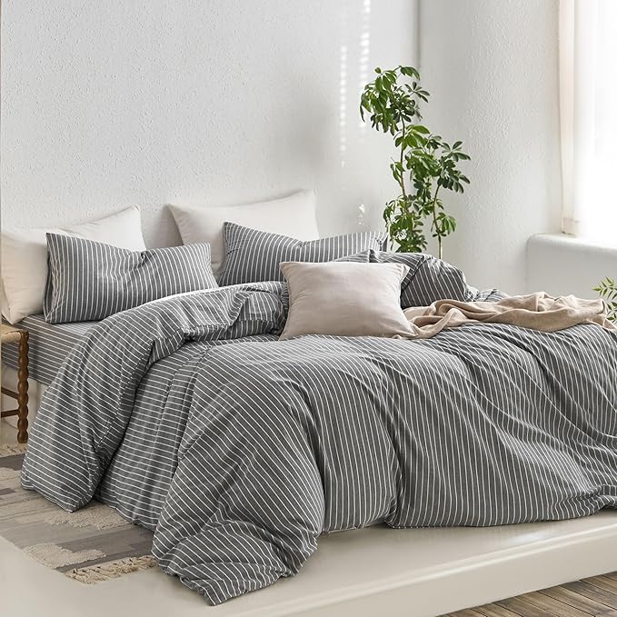 MooMee Striped Duvet Cover Set 100% Washed Cotton Linen Like King | Relaxed Linen-like Texture. Soft, Breathable & Long-lasting Comfort. Lightweight. Hidden Zipper with 8 Interior Corner Ties