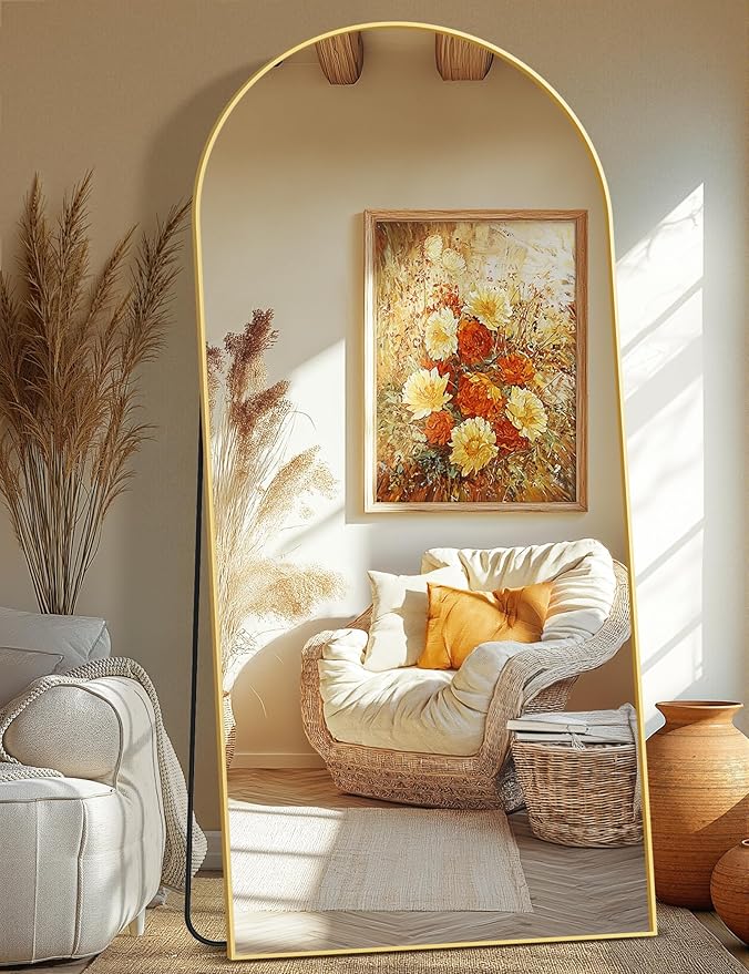 Arched Full Length Mirror, 75"x35" Standing Body Mirror for Wall, Gold | Built-in Stand, HD Shatterproof Glass, Aluminum Alloy Frame, Hanging or Standing, for Bedroom, Living Room & Dressing Room