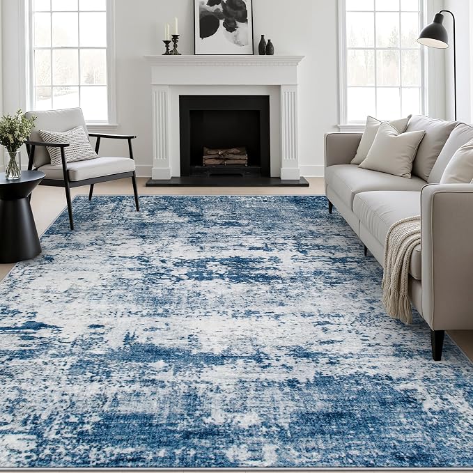 6x9 Area Rug Living Room Rug: Washable Modern Abstract Soft Thin Rug Indoor Floor No Slip Stain Resistant Carpet for Bedroom Dining Room Farmhouse Nursery Home Office - Blue