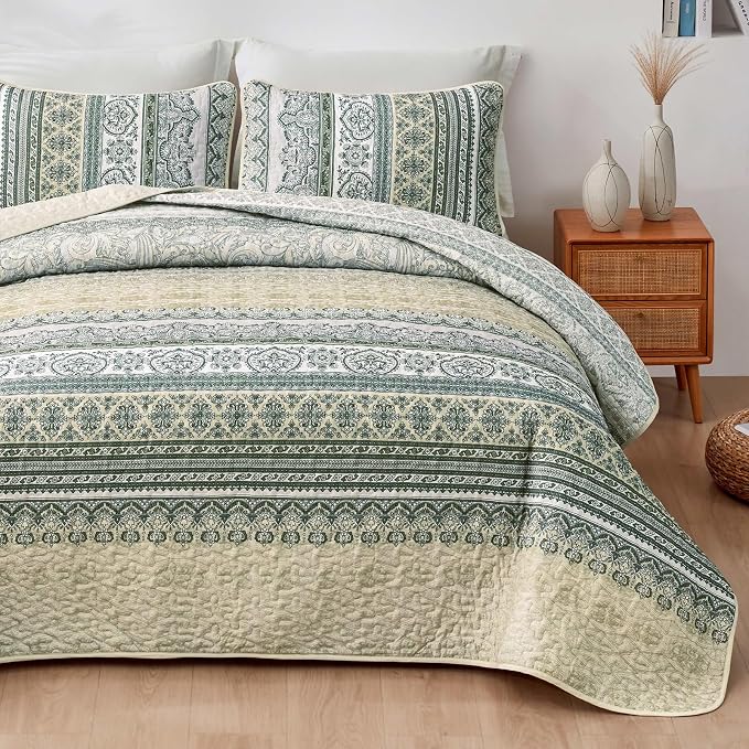 WONGS BEDDING Boho Quilt Queen Size,3 Pcs Beige Bedspread Bedding Set | Colorful Bohemian Striped Printed Bedding for All Season, Lightweight Microfiber Coverlet Set with 2 Pillowcases(96"x90")