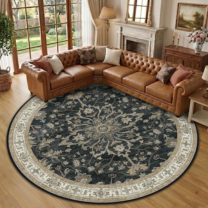 RELEANY Washable Area Rug, Round 10ft, Black/Vintage/Beige | Non-Slip, Water Repellent, Pet Friendly, Easy to Clean, Vintage Floral Boho Decor for Living Room Bedroom Dining Room
