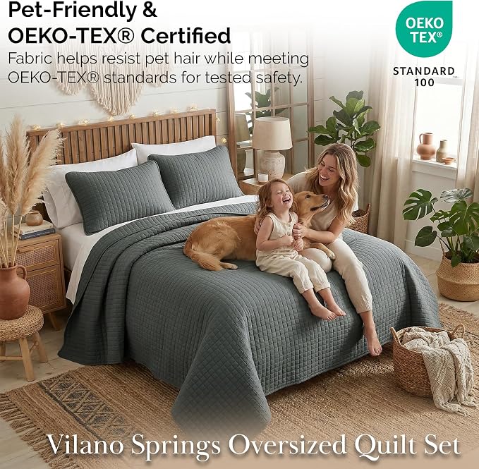 Southshore Fine Living, Inc. Oversized Quilt King Size Set, Grey Bed Spread King Size with 2 Matching Pillow Shams, Microfiber Quilted Bed Coverlet, Bedspread Set, Slate Grey Quilt