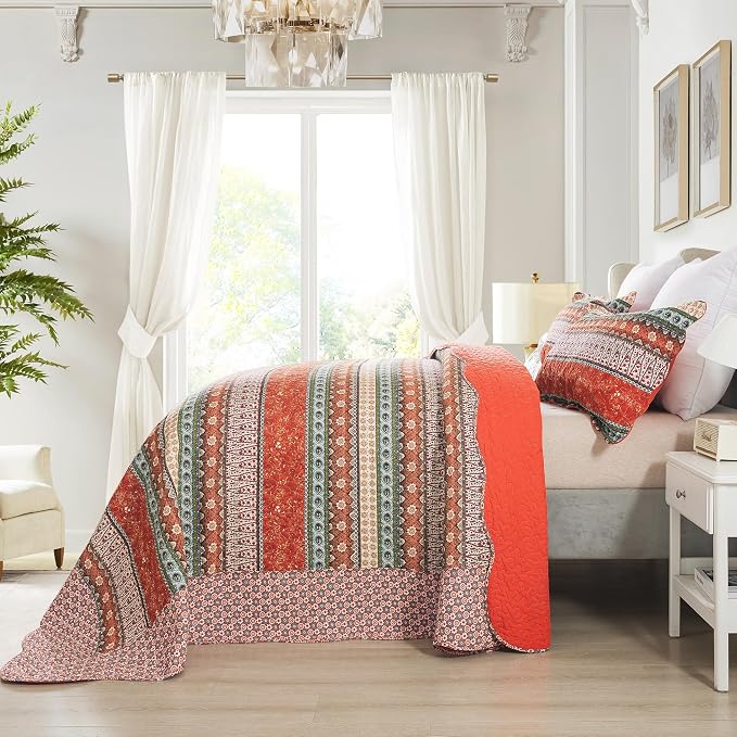 Cotton Bedspread Quilt Sets - Reversible Patchwork Coverlet Set, Red Striped Jacquard Pattern, California King Size