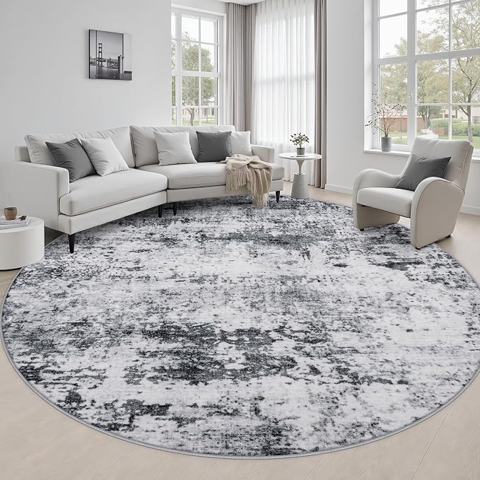 Round Area Rug Living Room: 6 ft Modern Washable Carpet Grey | For Bedroom Dining Room Farmhouse Nursery Hallway Office,Modern Abstract,Machine washable,Non-Slip,Stain Resistant,Indoor