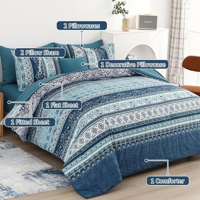 Cottolester Boho Full Size Comforter Set 8 Pieces, Teal Blue Comforter Bohemian Striped Bed in A Bag, Soft Microfiber Bedding Set for All Seasons