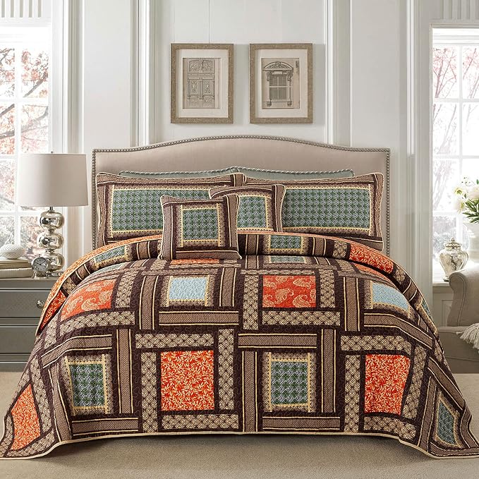 Cotton Patchwork Bedspread, 3-Piece Bedding Quilt Set with Real Stitched Embroidery, Reversible Matelasse Bed Coverlet Set,Bohemian Farmhouse,Queen Size