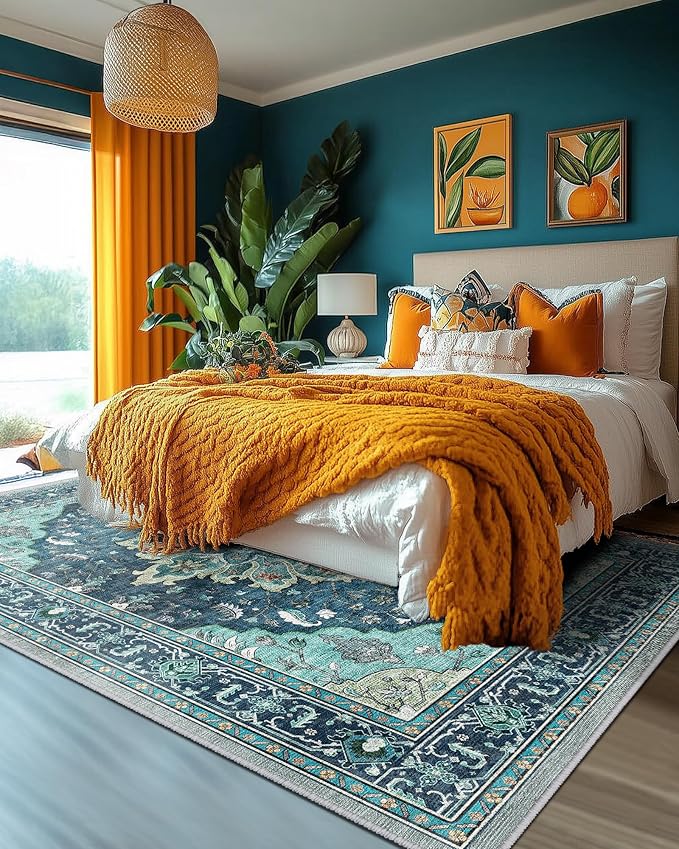 RELEANY Washable Area Rug, 5'x8', Teal | Non-Slip, Water Repellent, Pet Friendly, Easy to Clean, Vintage Floral Boho Decor for Living Room Bedroom Dining Room Office
