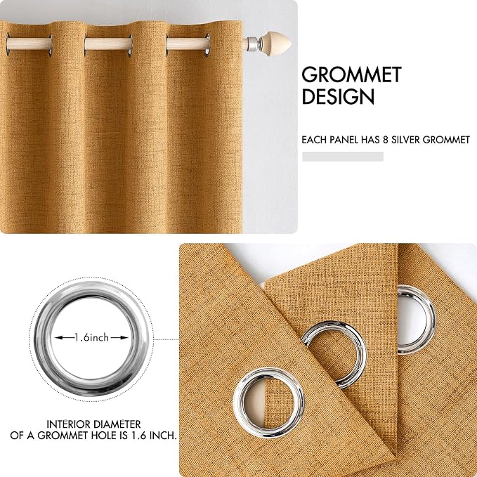 MIULEE 100% Blackout Linen Curtains for Bedroom 52x63 Inches Mustard Yellow | Room Darkening, Light Blocking, Thermal Insulated, Grommet Top, Linen Textured, Window Curtains for Living Room, 2 Panels