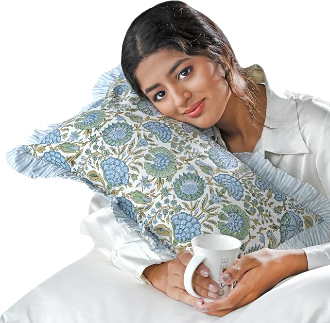 Ridhi Block Print Asparagus Green Ruffle Lumbar Pillow Shams, 20" x 12" | 100% cotton, Floral Pillowcase, Cushion Cover, Hidden Zipper, Cottagecore Bedding, farmhouse boho style, fits couch, sofa,Bed