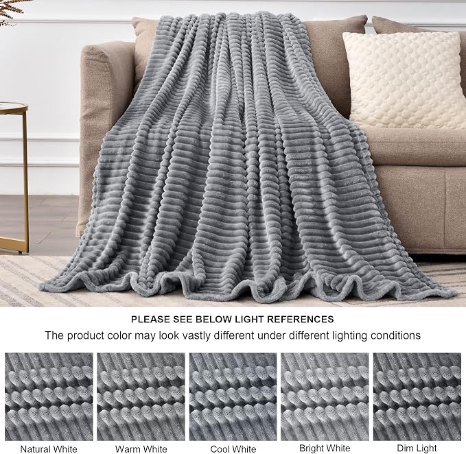 BEDELITE 3D Ribbed Jacquard Grey Fleece Throw Blanket for Couch, 50x60 Inch | Soft Warm Decorative Fluffy Blanket, Cozy Plush Lightweight Fuzzy Throw Blanket for Bed Sofa Home Room Decor, Gift for Women