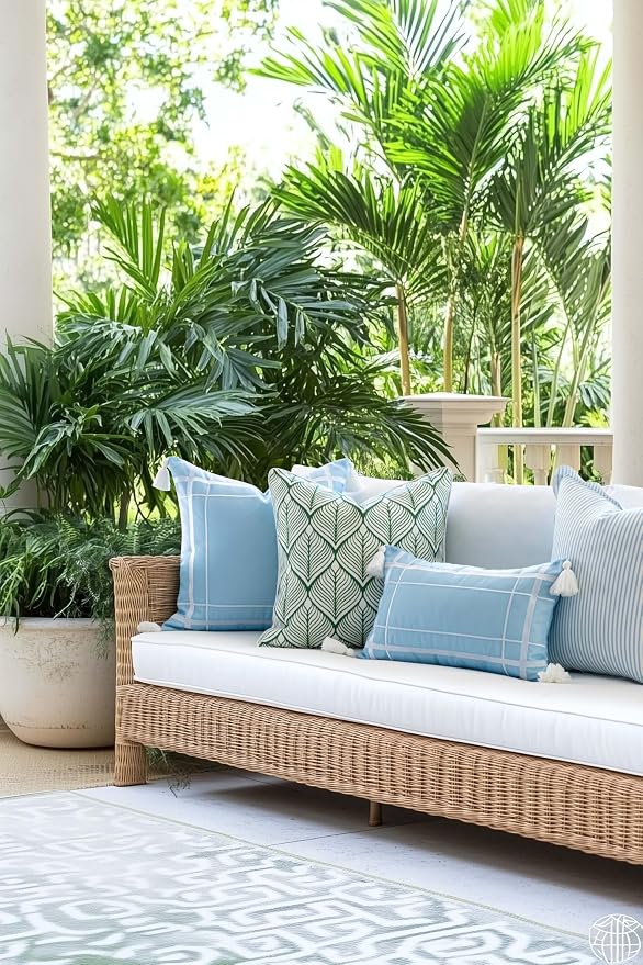 Hofdeco Premium Coastal Patio Indoor Outdoor Lumbar Pillow Cover Only, 12"x20" Water Repellent for Backyard, Couch, Baby Blue Embroidered Line Frame