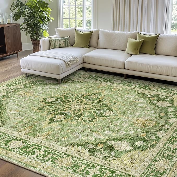 RELEANY Washable Area Rug, 7'x9', Green/Yellow | Non-Slip, Water Repellent, Pet Friendly, Easy to Clean, Vintage Floral Boho Decor for Living Room Bedroom Dining Room Office