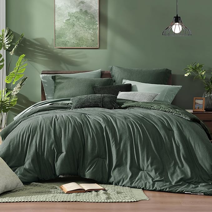 Monbix Oversized Queen Comforter Set Deep Forest 7 Pieces Bed in a Bag | Cationic Dyeing Reversible All Season Bedding Sets with Comforter, Sheets, Pillowcases & Shams