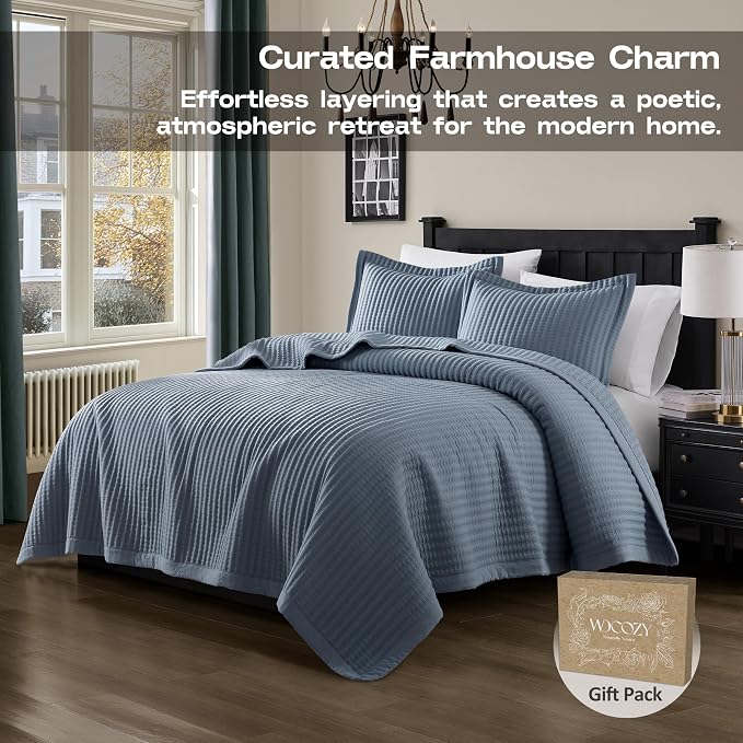 WDCOZY Dusty Blue Queen Size Quilt Set, Striped Pick Stitch Bedspread | Lightweight Soft Channel Coverlet, Spring Summer Thin Comforter, Farmhouse Rustic Country Bedding