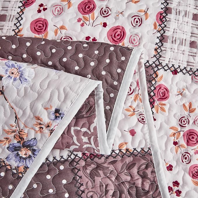 Patchwork Quilt Set King Size, 3 Pieces Brown Floral Plaid Summer Bedspread Coverlet Set, Soft Microfiber Reversible Lightweight Bed Cover for All Season (102" x 90", 1 Quilt+ 2 Pillow Shams)