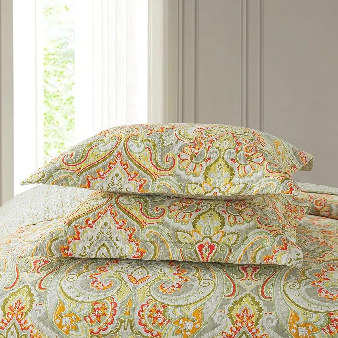 Cotton Bedspread Quilt Sets-Reversible Patchwork Coverlet Set, European Beige Floral Pattern, California King Size