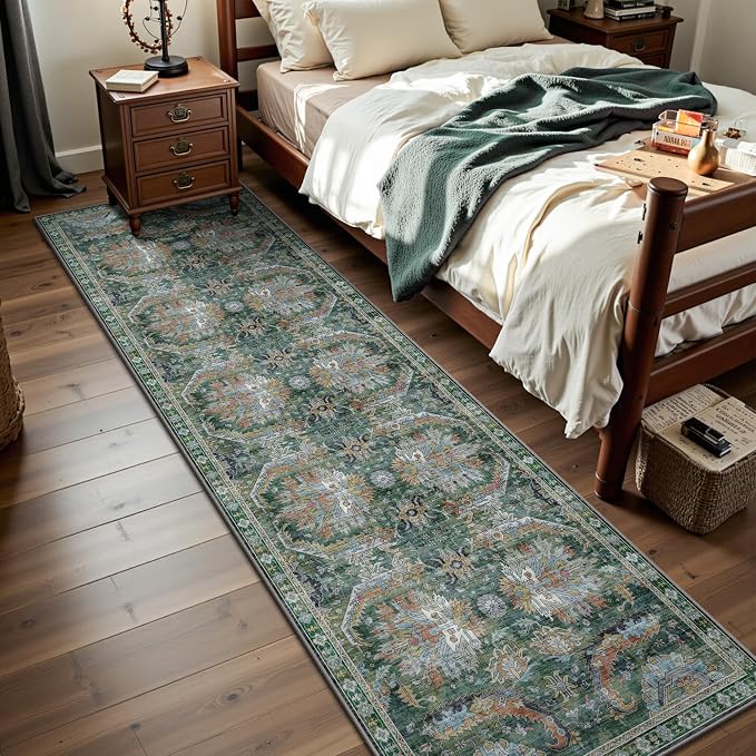 2x8 Hallway Runner Rug, Washable Vintage Retro Long Runner Rugs for Kitchen Laundry, Soft Ultra Thin Non Slip Low Pile Traditional Area Carpet for Bedroom Bathroom Indoor, Green