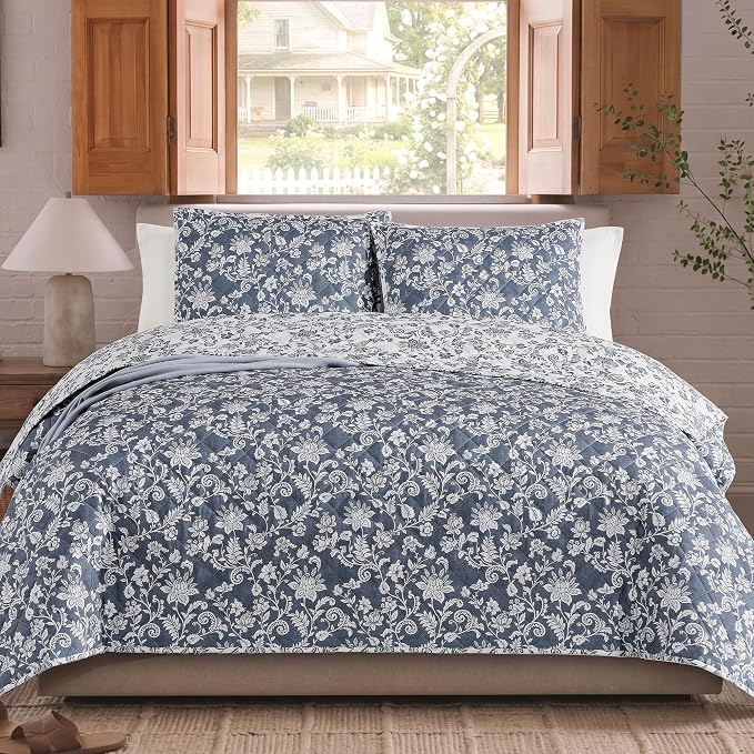 Twin/Twin XL Quilt Set-2 Pieces Soft Bedding Floral Reversible Coverlet | All Seasons Lightweight Quilts Queen Size for Bed, Breathable Vintage Bedspread with Sham, Oxford Blue