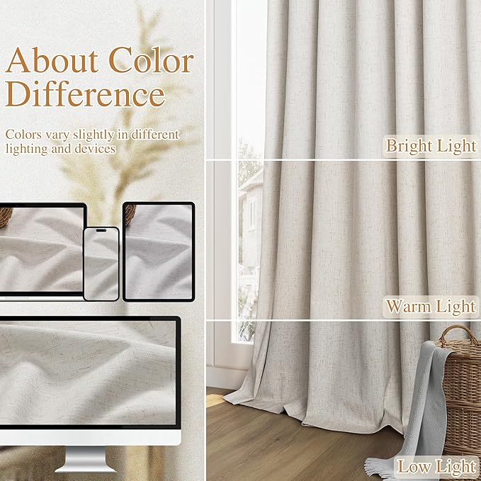 108 Inch Long Light Beige 100% Blackout Curtains for Living Room Bedroom Back Tab Thermal Insulated Netural Farmhouse Black Out Linen Drapes Room Darkening Window Curtain 2 Panels Set, 9 FT