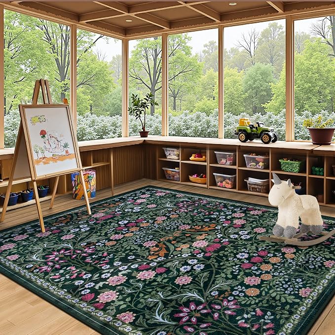 PLHXFR 6x9 Area Rug Living Room: Floral Washable Boho Carpet Dark Green | For Bedroom Dining Room Farmhouse Nursery Hallway,Vintage Floral,Machine washable,Non Slip,Stain Resistant,Large Indoor
