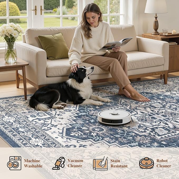 UERMEI 6x9 Area Rug for Living Room - Washable Vintage Carpet, Non-Slip Soft Large Indoor Floor Rugs for Bedroom Home Office & Under Dining Table Decor, Denim Blue/White