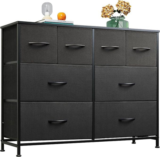 WLIVE Wide Dresser for Bedroom, 8 Drawer Chest of Drawers, Black | 8 roomy fabric drawers, Wide storage design, Bedroom or closet use, Sturdy steel frame, Smooth wood tabletop