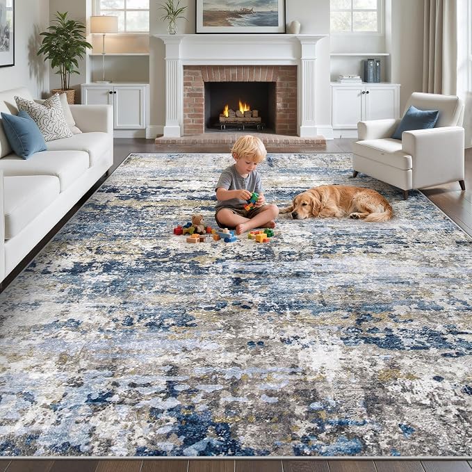 pmtsns Area Rugs 10x14 Living Room: Washable Rug Modern Abstract Neutral Soft Non-Slip Low-Pile Indoor Large Carpet for Bedroom Dining Room Playroom Home Office (Blue Grey Brown, 10'x14')