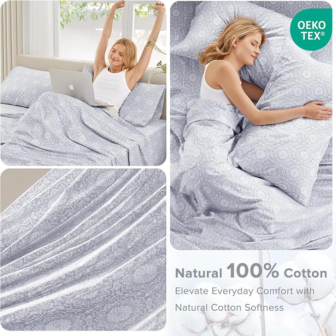 Comfort Spaces 100% Cotton Percale Sheets Twin Sheet Set 3 Pcs, Adelia Gray | Crisp, Cool & Breathable Bed Sheets, 12" Deep Pocket Fits Up to 14" Mattress, Lightweight, All Season Cozy, with Pillow Case